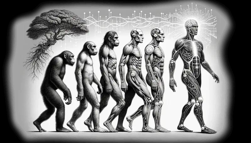 Man evolving from ape to human to AI hybrid