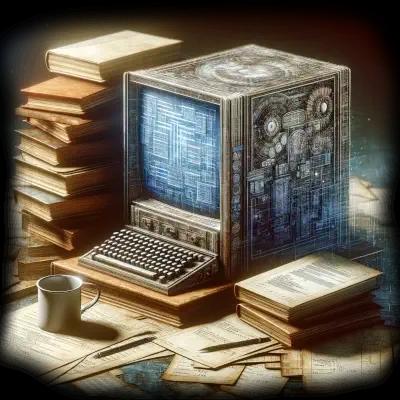 A well-used computer with books, sketches, and an empty coffee